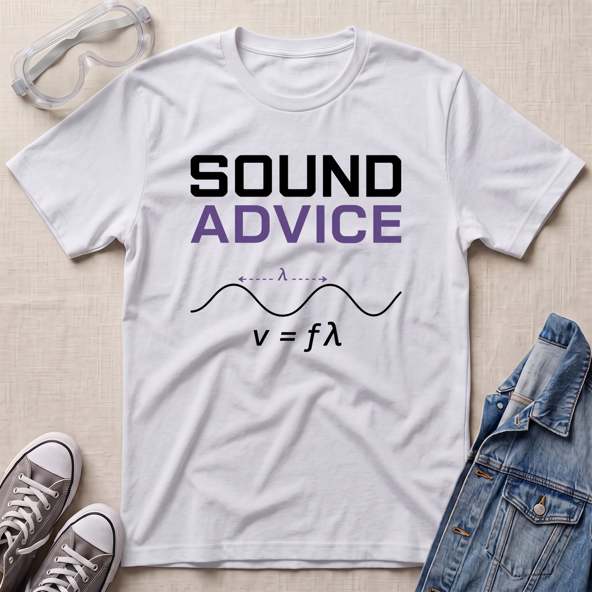 A white graphic t-shirt laid flat on a light beige textured surface, styled with safety goggles, gray sneakers, and a denim jacket. The t-shirt features the text 'SOUND ADVICE' in black and purple, above a black wave diagram and the equation v = fϗϙ.
