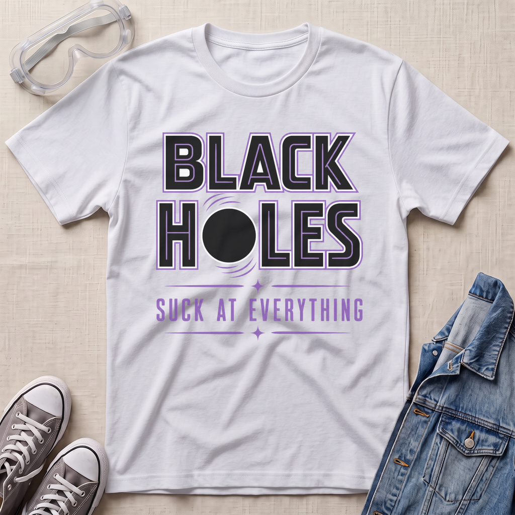 A white graphic t-shirt laid flat on a light beige textured background, styled with clear safety goggles, gray sneakers, and a blue denim jacket. The t-shirt features a bold graphic that reads 'BLACK HOLES SUCK AT EVERYTHING' in black and purple text.