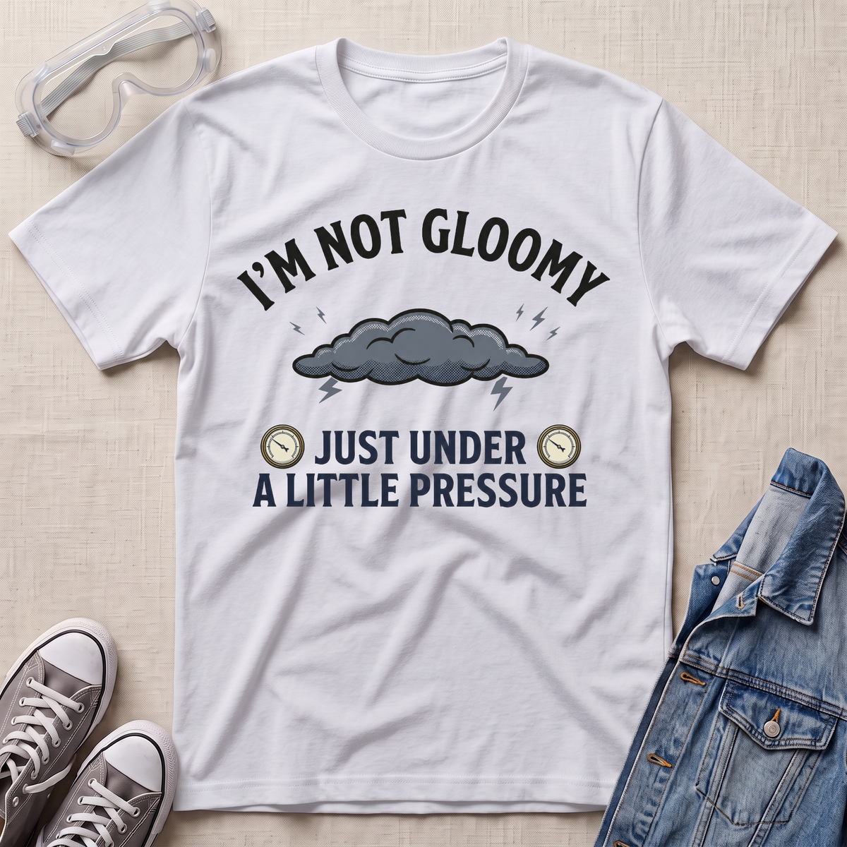 A white graphic t-shirt laid flat on a light beige textured background, surrounded by styling props including clear safety goggles, gray sneakers, and a blue denim jacket. The t-shirt features a dark gray cloud graphic with lightning and the text 'I'M NOT GLOOMY JUST UNDER A LITTLE PRESSURE'.