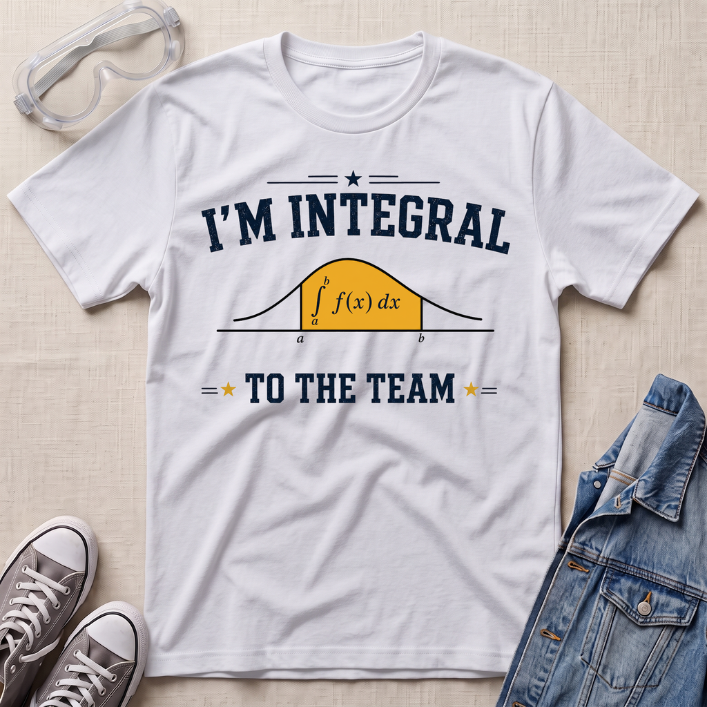 A white graphic t-shirt laid flat on a light beige textured surface, surrounded by styling props including clear safety glasses, gray sneakers, and a blue denim jacket. The t-shirt features a dark navy blue graphic that reads 'I'M INTEGRAL TO THE TEAM' with a yellow integral curve diagram in the center.