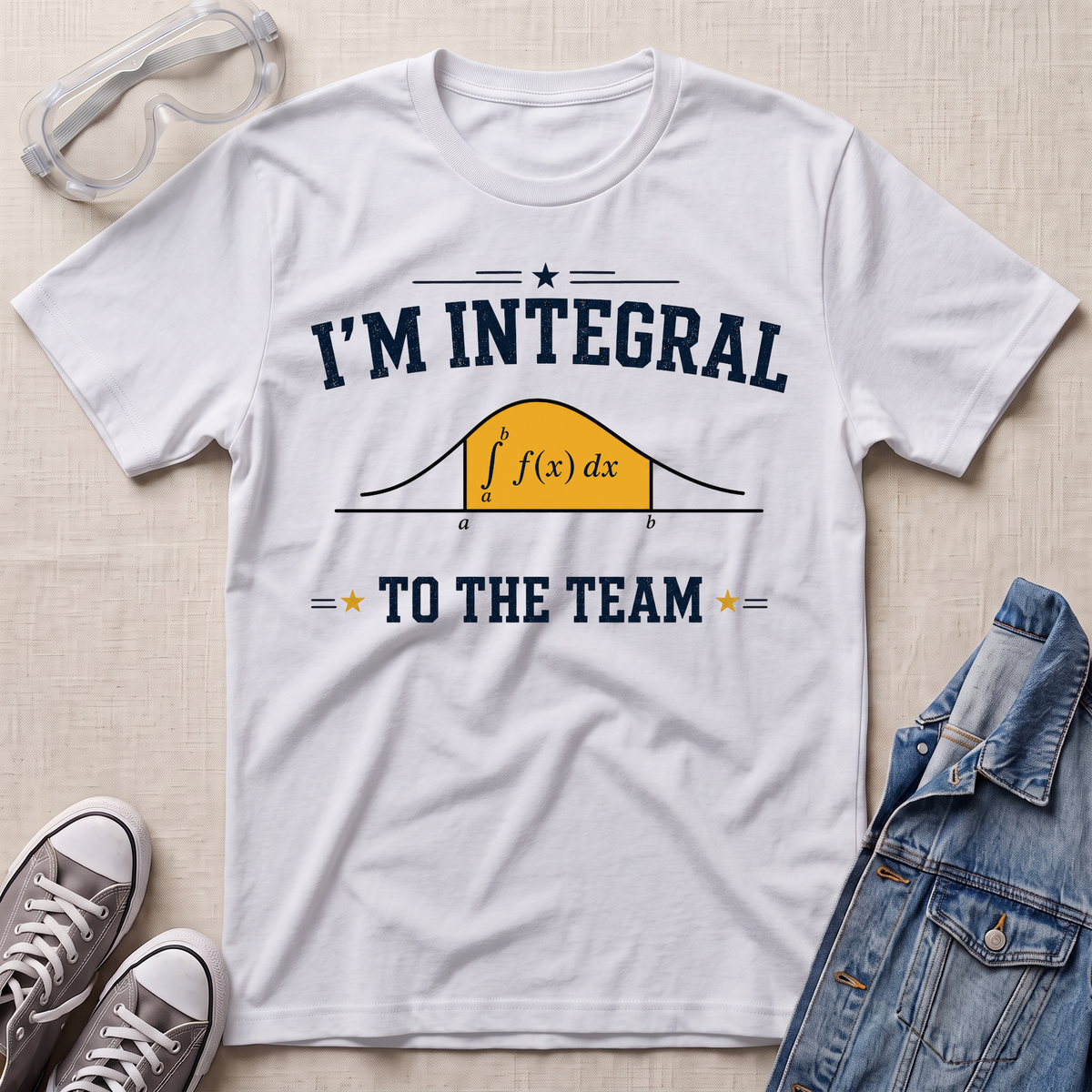 A white graphic t-shirt laid flat on a light beige textured surface, surrounded by styling props including clear safety glasses, gray sneakers, and a blue denim jacket. The t-shirt features a dark navy blue graphic that reads 'I'M INTEGRAL TO THE TEAM' with a yellow integral curve diagram in the center.