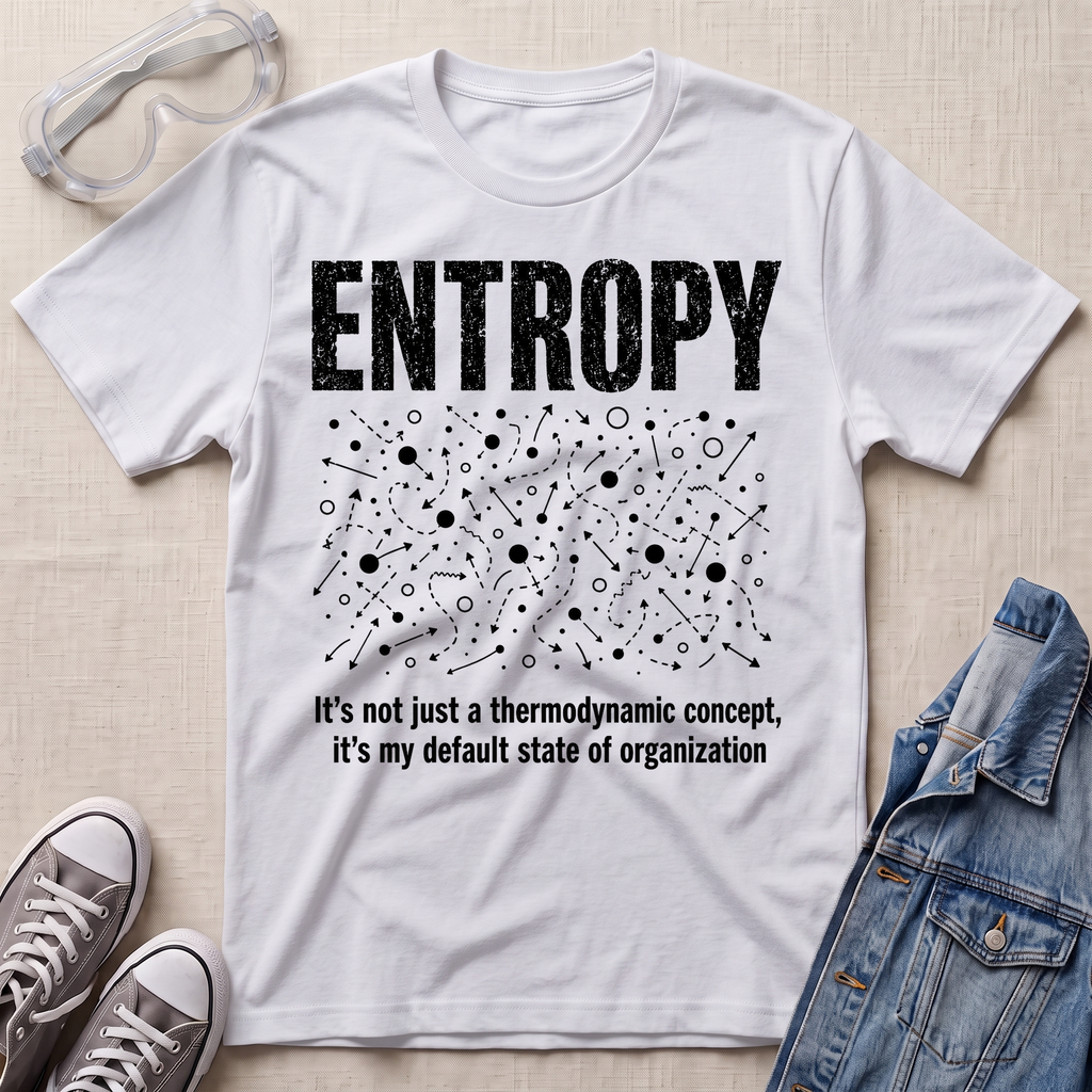 A white graphic t-shirt laid flat on a beige fabric background, styled with safety goggles, gray sneakers, and a denim jacket. The t-shirt features a white distressed graphic of the word 'ENTROPY' above a entropy pattern, with the text 'It's not just a thermodynamic concept, it's my default state of organization' below.