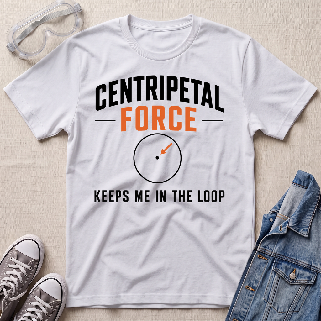 A white graphic t-shirt laid flat on a light beige textured surface, styled with safety goggles, gray sneakers, and a blue denim jacket. The t-shirt features the text 'CENTRIPETAL FORCE' in black and orange, with an illustration of a loop and arrow, and the phrase 'KEEPS ME IN THE LOOP' below.