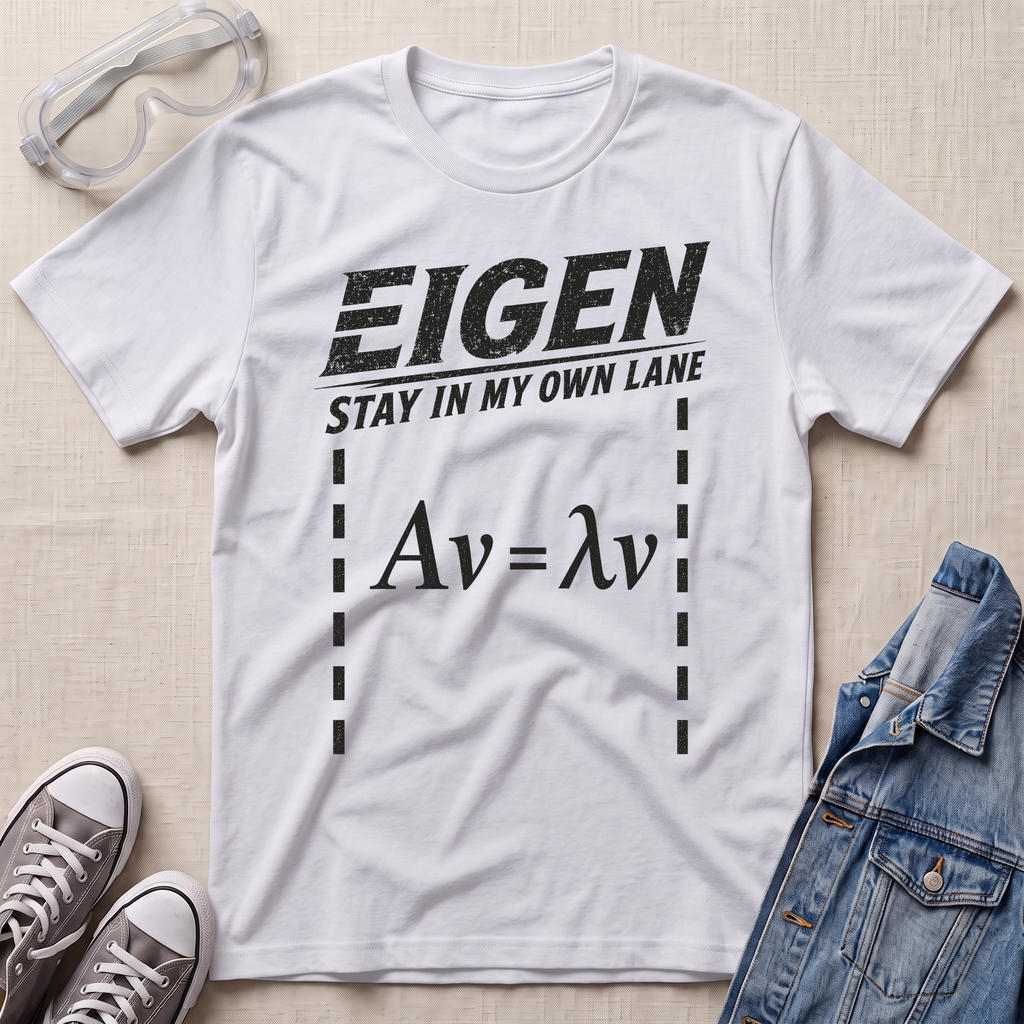A white graphic t-shirt with a black print reading 'EIGEN STAY IN MY OWN LANE' and the eigenvalue equation, styled in a flat lay with safety goggles, jeans, and sneakers on a beige fabric background.