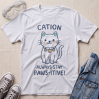 A white graphic t-shirt laid flat on a light beige textured surface, styled with clear safety goggles, gray sneakers, and a blue denim jacket. The t-shirt features a cartoon white cat wearing a gold collar with the text 'CATION ALWAYS STAY PAWS-ITIVE!' in navy blue.