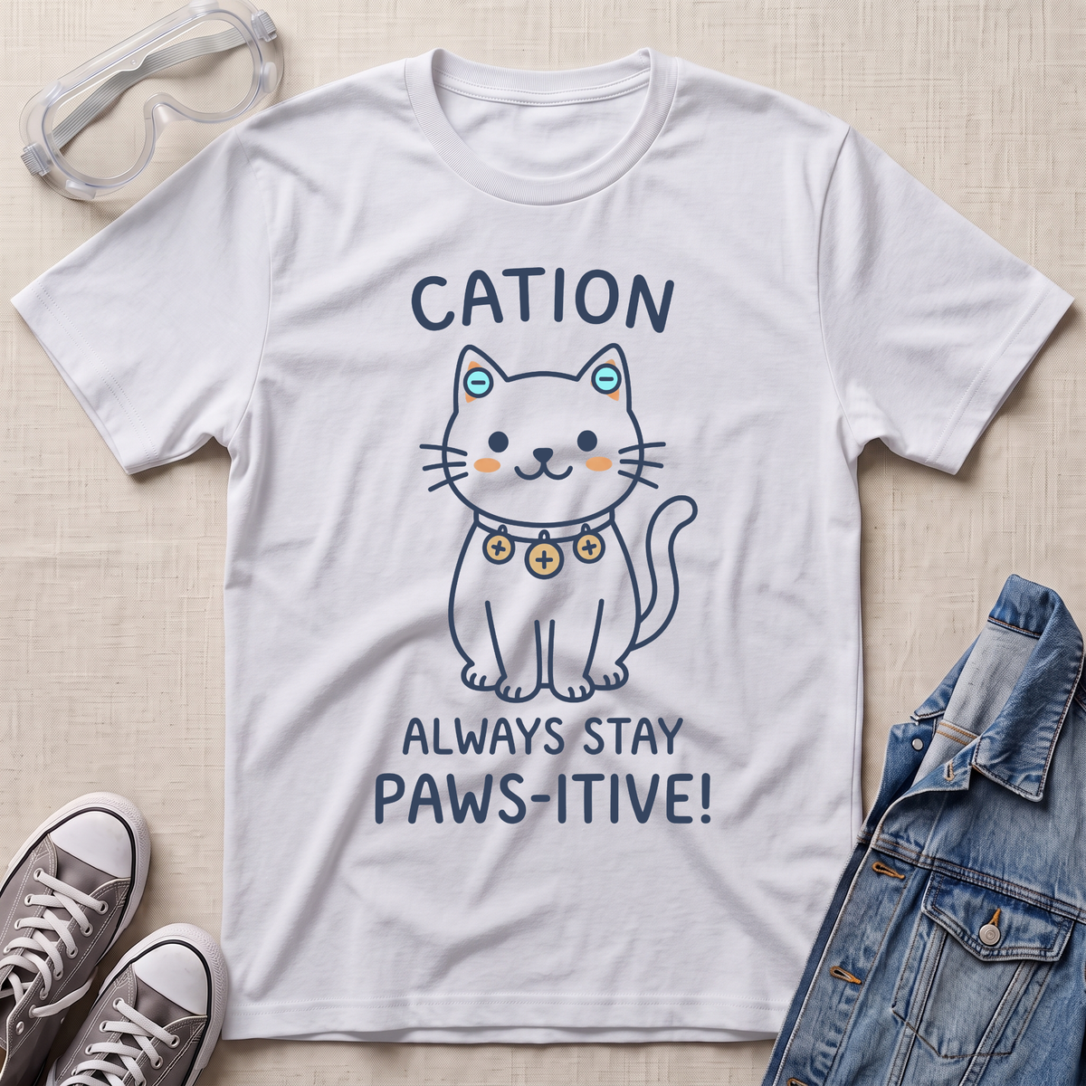 A white graphic t-shirt laid flat on a light beige textured surface, styled with clear safety goggles, gray sneakers, and a blue denim jacket. The t-shirt features a cartoon white cat wearing a gold collar with the text 'CATION ALWAYS STAY PAWS-ITIVE!' in navy blue.