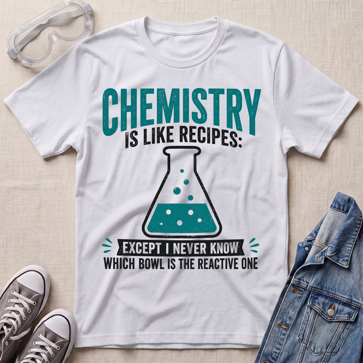 A white short-sleeve graphic T-shirt laid flat on a light beige fabric surface, styled with safety goggles, gray sneakers, and a denim jacket. The shirt has a large science-themed print reading “CHEMISTRY IS LIKE RECIPES: EXCEPT I NEVER KNOW WHICH BOWL IS THE REACTIVE ONE” with a teal beaker graphic.
