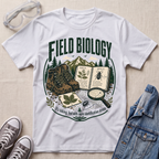 A white graphic T-shirt laid flat on a light fabric background, surrounded by styled props including safety glasses, gray sneakers, and a blue denim jacket. The shirt features a large illustrated front print with the words “FIELD BIOLOGY,” hiking boots, an open field guide book, a magnifying glass, leaves, mountains, and small insects.