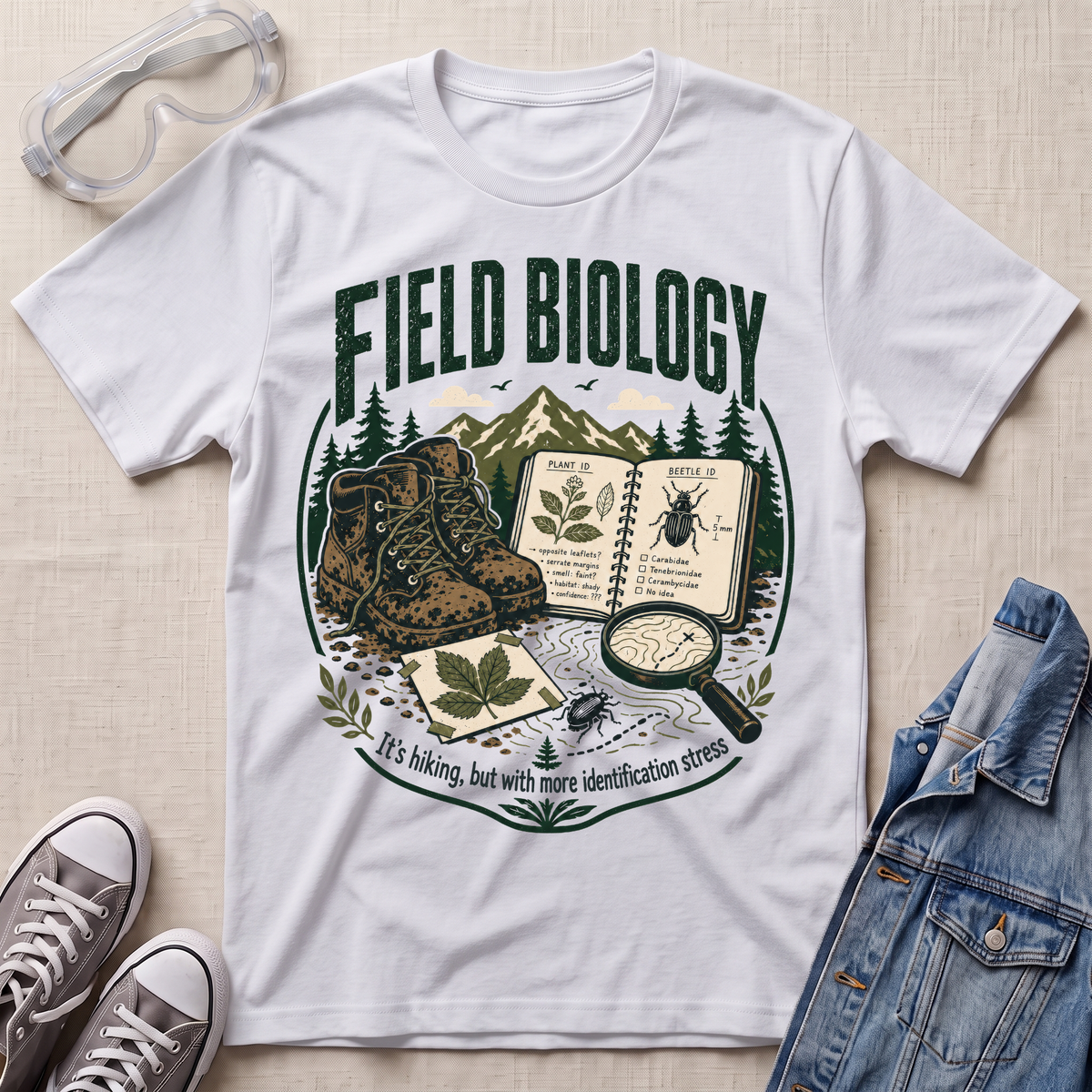 A white graphic T-shirt laid flat on a light fabric background, surrounded by styled props including safety glasses, gray sneakers, and a blue denim jacket. The shirt features a large illustrated front print with the words “FIELD BIOLOGY,” hiking boots, an open field guide book, a magnifying glass, leaves, mountains, and small insects.