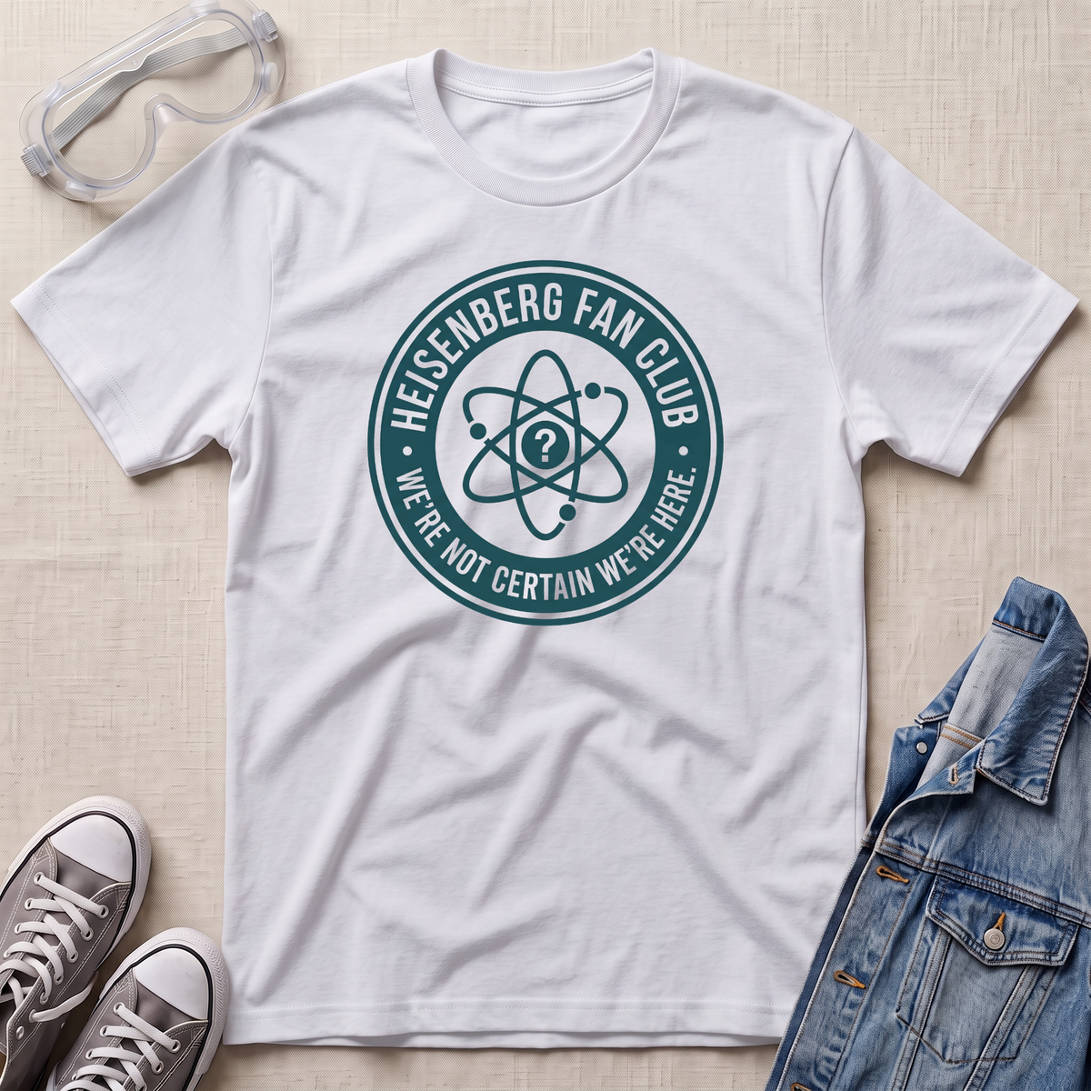 A white short-sleeve graphic T-shirt laid flat on a light beige textured surface, styled with clear safety goggles, gray sneakers, and a blue denim jacket. The shirt has a large circular teal graphic reading 'HEISENBERG FAN CLUB' with an atom symbol and the phrase 'WE'RE NOT CERTAIN WE'RE HERE.