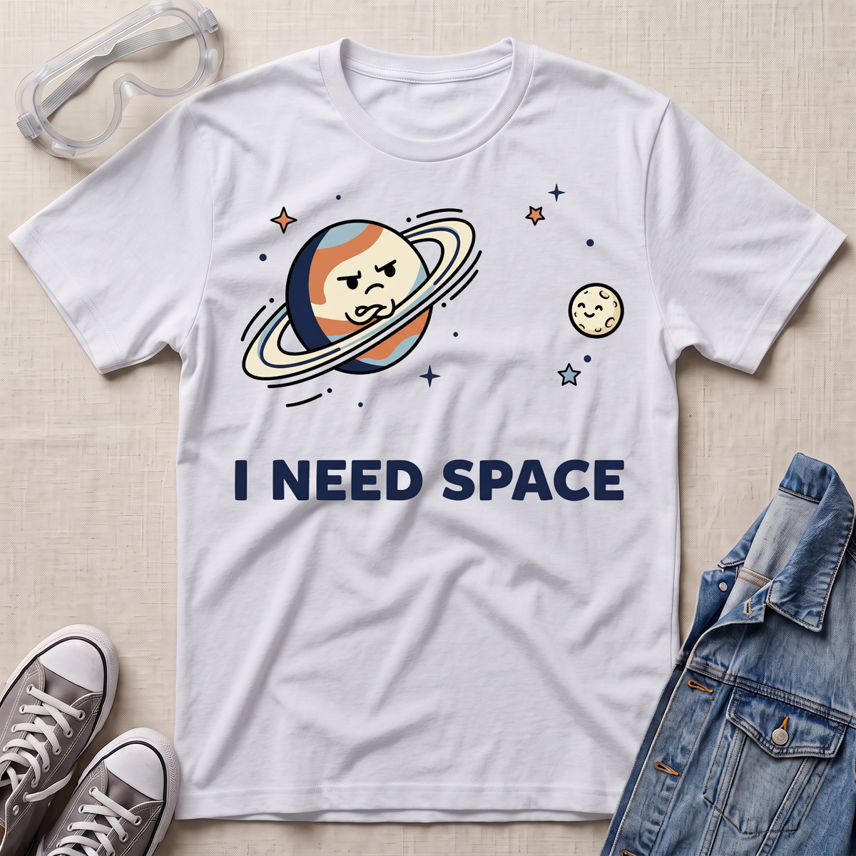 A white graphic t-shirt laid flat on a light beige textured surface, styled with safety goggles, gray sneakers, and a denim jacket. The t-shirt features a cartoon graphic of an angry Saturn-like planet with the text 'I NEED SPACE' in dark blue below it.