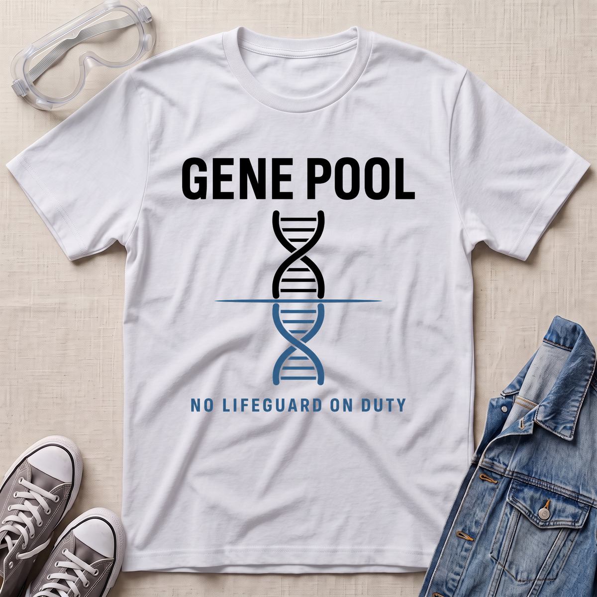 A white graphic t-shirt laid flat on a light beige textured surface, surrounded by lifestyle props including safety goggles, gray sneakers, and a blue denim jacket. The t-shirt features a black and blue DNA double helix graphic with the text 'GENE POOL' above and 'NO LIFEGUARD ON DUTY' below.