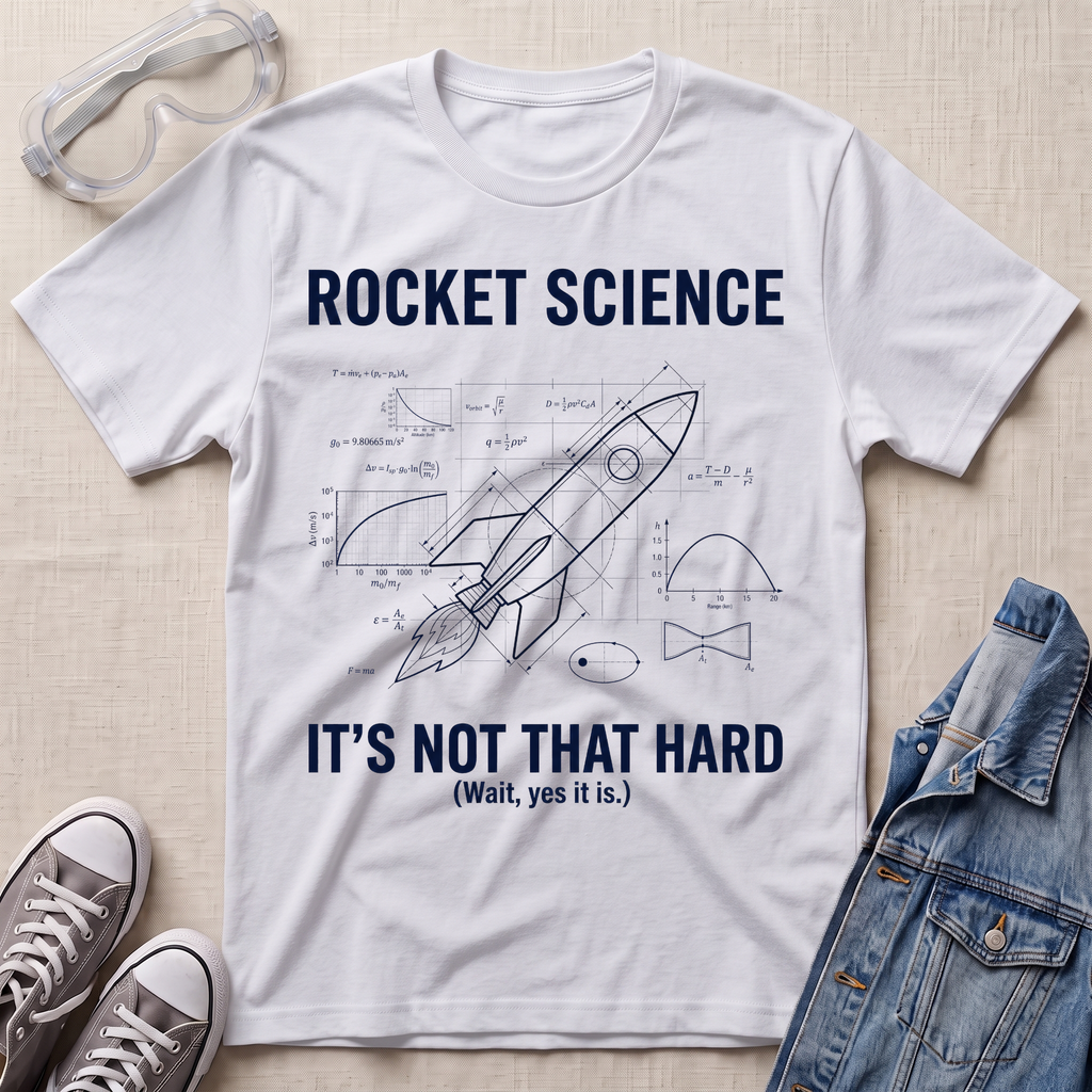 A white graphic t-shirt laid flat on a light beige fabric background, styled with safety goggles, gray sneakers, and a denim jacket. The t-shirt features a dark navy blue print of a rocket ship and scientific formulas with the text 'ROCKET SCIENCE IT'S NOT THAT HARD (Wait, yes it is.