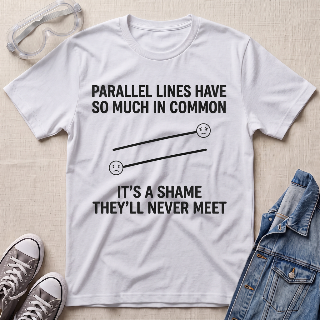 A white graphic t-shirt laid flat on a light beige textured surface, surrounded by styling props including clear safety goggles, gray sneakers, and a blue denim jacket. The t-shirt features a black printed graphic of two parallel sad faces with the text 'PARALLEL LINES HAVE SO MUCH IN COMMON' and 'IT'S A SHAME THEY'LL NEVER MEET'.